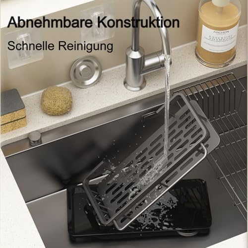 Keukengootsteenorganizer, sponshouder met afdruipbakje, keukengootsteenorganizer met theedoekhouder en twee haken, hangende keukengootsteenorganizer van metaal
