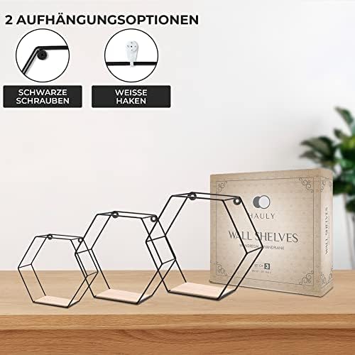 Set van 3 zeshoekige wandplanken, zwarte metalen zwevende planken met houten legplank, moderne honingraatplank voor woonkamer, slaapkamer, keuken & kantoor, stevig staal