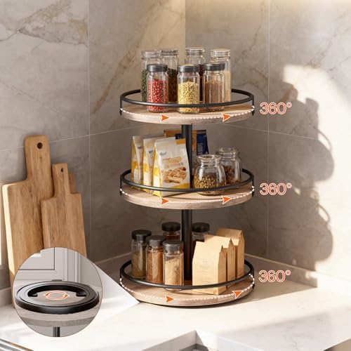 Kruidenrek, keukenrek, draaibare kruidenhouder met 3 niveaus, keukenorganizer, kruidenhouder, voor aanrecht, kaptafel, eettafel, rustiek grijs