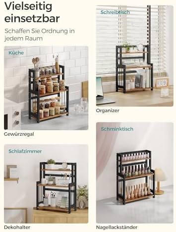 Kruidenrek met 3 niveaus, keukenrek, opbergrek, voor aanrechtblad, bamboe frame, voor keuken, eetkamer, kantoor, vintage bruin-zwart OFS047B0