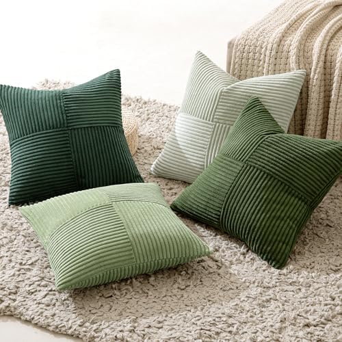 Set van 4 kussenslopen, 50 x 50 cm, corduroy bankkussens, patchwork-serie in groen, decoratieve kussenslopen, vierkante decoratieve kussenslopen voor de bank