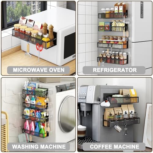 Magnetisch kruidenrek voor de koelkast, set van 4 magnetische rekken, magnetische koelkastorganizer met 8 beweegbare haken, magnetisch koelkastrek