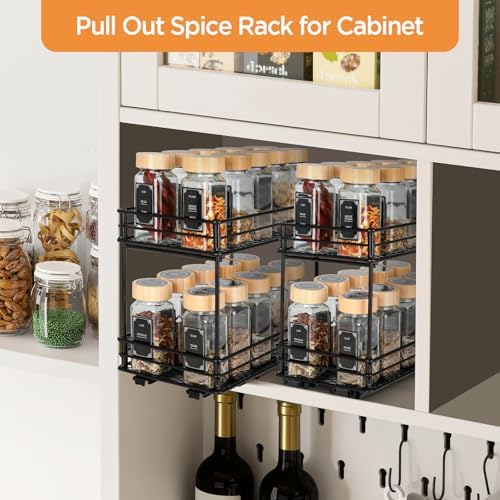 Uitschuifbaar kruidenrek met 2 niveaus – keukenorganizer met rollenrails, kruidenrek voor kast, kruidenrek zonder boren (26x15x21,8 cm)