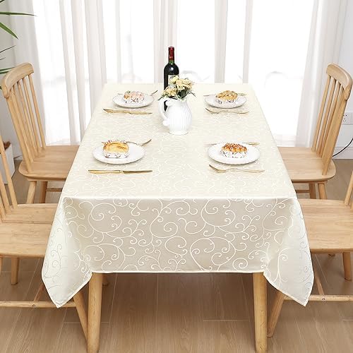 Rechthoekig tafelkleed van polyester, jacquard tafellinnen, wasbaar, decoratief, vuilafstotend, onderhoudsvriendelijk, 140 x 240 cm, beige
