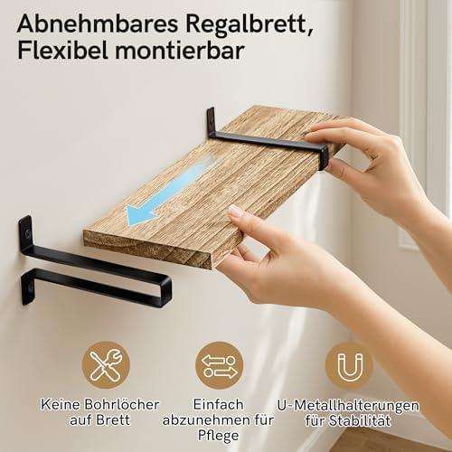 Houten wandplanken, set van 3, kleine wandplanken, zwart metaal, verwijderbare planken, geen boorgaten nodig, massief hout, industrieel, vintage, keuken, woonkamer
