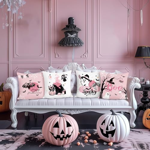 Set van 4 kussenhoezen Halloween Happy 45 x 45 cm Pompoen, kat, geest, griezelig, roze, decoratieve kussenhoezen voor bank, slaapkamer, interieur
