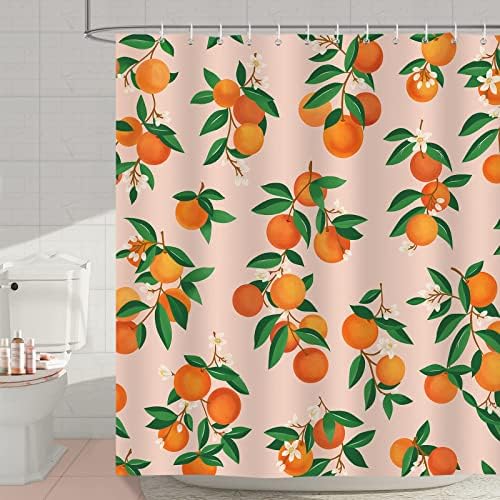 Douchegordijn, oranje, fruit, citrusvruchten, groene bladeren, 180 x 180 cm, schimmelbestendig, waterdicht, polyester, wasbaar, badgordijn voor de badkamer met 12 haken