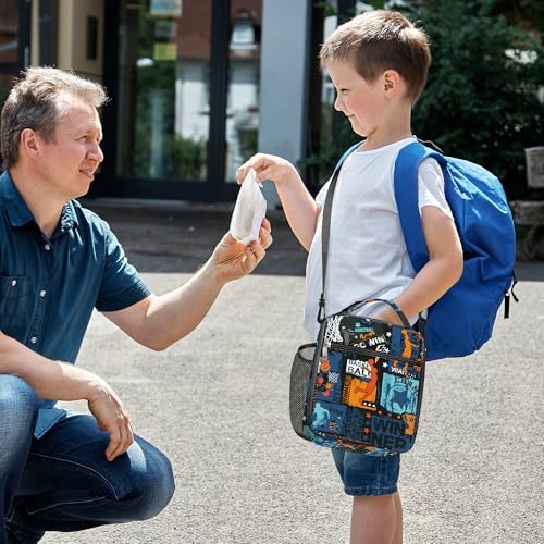 Zwarte geïsoleerde lunchtas voor kinderen in streetbasketbal-design, kleine koeltas voor jongens met flessenhouder, waterdichte lunchtas voor picknick en school
