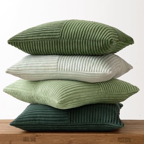 Set van 4 kussenslopen, 50 x 50 cm, corduroy bankkussens, patchwork-serie in groen, decoratieve kussenslopen, vierkante decoratieve kussenslopen voor de bank