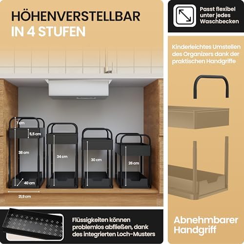 Plank voor onder de wastafel voor onderbouwkast, in hoogte verstelbaar, met 2 niveaus, in zwart | Keukenorganizer voor onderbouwkast, kruidenrek | Wastafel