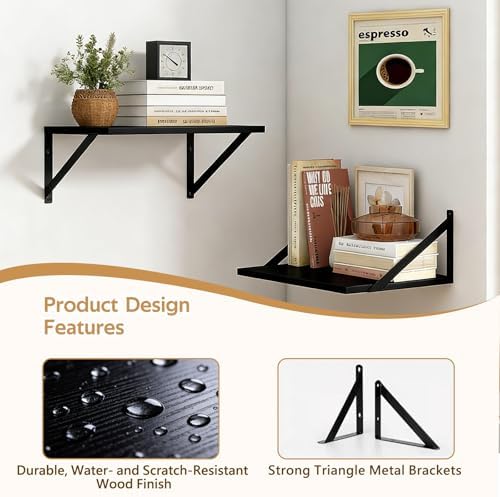 Wandplank 2-delige set, boekenplank voor aan de muur met metalen beugels, houten wandplank, zwevende plank, wandplank, voor woonkamer, keuken, slaapkamer, kantoor, badkamer