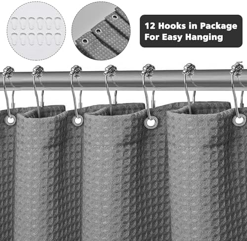 Douchegordijn, wasbaar, textiel, polyesterweefsel, douchegordijn met 12 metalen ringen, waterdicht, voor douche en bad, 180 x 200 cm, wafelpatroon