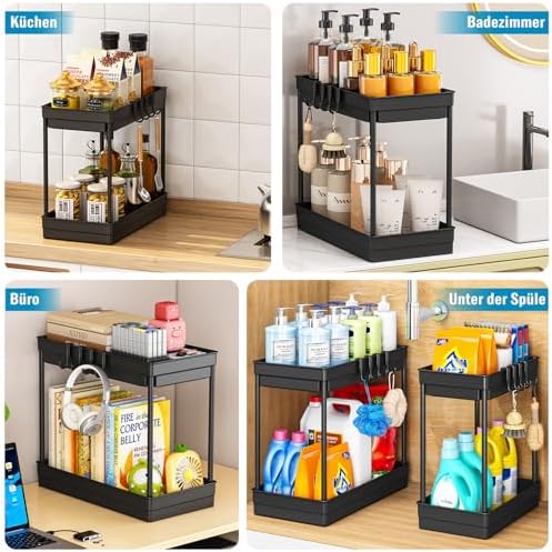 Keukenorganizer – set van 2 rekken voor onder de gootsteen met 4 haken & 1 kopjeshouder, keukenorganizer, badkamerorganizer