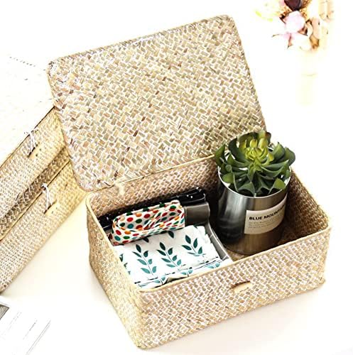 Zeegras opbergmand met deksel, handgevlochten rechthoekige rotanbox voor speelgoed, kleding, boeken, sleutels, make-up organizer, set van 3 opbergmanden