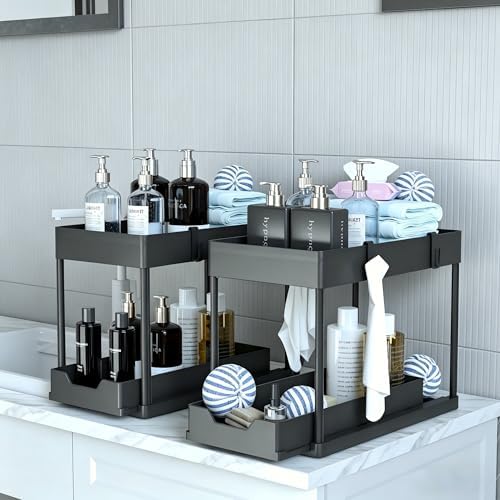 Keukenorganizer, 2 planken onder de gootsteen, keukenkastorganizer met 4 haken, kastmand voor keuken, badkamer, schoonmaakmiddelen, wasmiddelen (zwart)