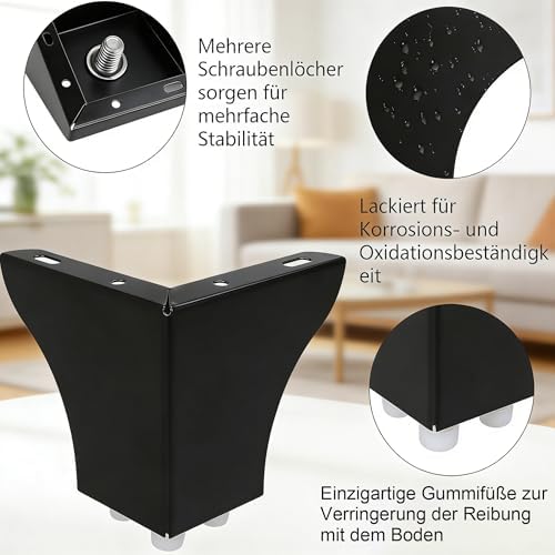 Set van 8 meubelpoten, zwart, 10 cm, metalen meubelpoten, meubelpoten, bankpoten, metaal, voor kasten, tafels, banken, nachtkastjes, met schroeven