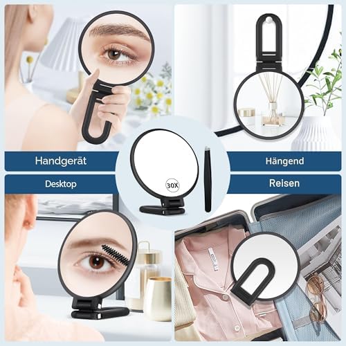30x vergrotende spiegel met handvat – dubbelzijdige make-upspiegel (1x/30x), opvouwbaar en draagbaar voor nauwkeurig make-up aanbrengen onderweg – matzwart