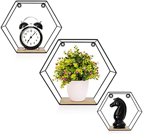 Set van 3 zeshoekige wandplanken, zwarte metalen zwevende planken met houten legplank, moderne honingraatplank voor woonkamer, slaapkamer, keuken & kantoor, stevig staal
