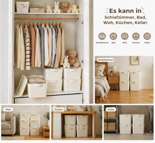 Set van 4 opbergdozen met deksel, 15 l kunststof (PP) opbergdoos, stapelbare kunststofdoos voor keuken, badkamer, slaapkamer, kleedkamer, kantoor, stevig