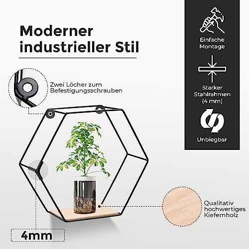 Set van 3 zeshoekige wandplanken, zwarte metalen zwevende planken met houten legplank, moderne honingraatplank voor woonkamer, slaapkamer, keuken & kantoor, stevig staal