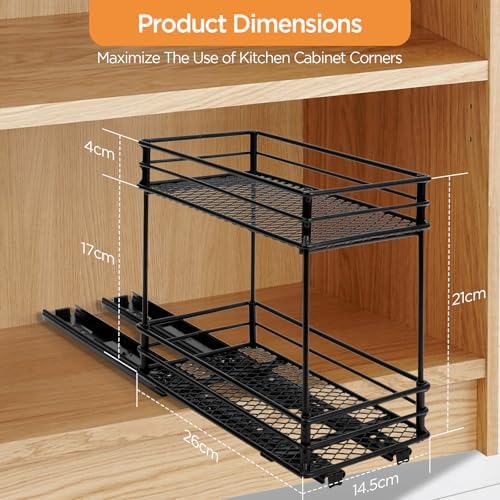 Uitschuifbaar kruidenrek met 2 niveaus – keukenorganizer met rollenrails, kruidenrek voor kast, kruidenrek zonder boren (26x15x21,8 cm)