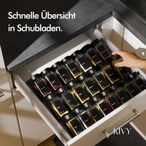 Kruidenrek met glazen potten, incl. 24 kruidenpotjes met etiketten, verstelbaar en geschikt voor alle lades, kruidenpotjes met rek, kruidenorganizer, lade