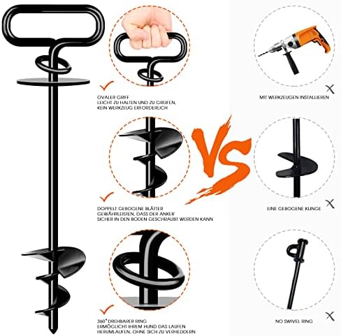 Grondanker voor middelgrote tot grote honden tot 12 kg, 12 mm ankerblok voor honden, groot, spiraalmes, hondenpaal voor tuin, strand, gazon, buiten (zwart)