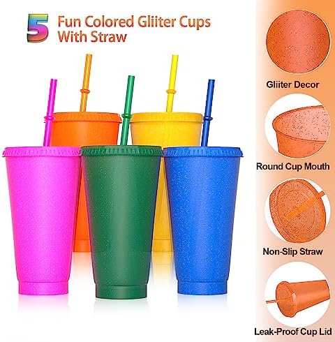 Set van 5 drinkbekers met rietje en deksel – 24 oz plastic bekers, smoothie- en koffiebekers voor onderweg, reisbekers voor kinderen en volwassenen, herbruikbare plastic bekers