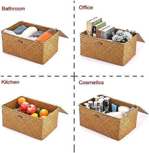 Zeegras opbergmand met deksel, gevlochten rieten mand, bureau mand, rechthoekig, badkamer, opbergdoos, woonkamer, decoratief, onder plank, mand, multifunctioneel