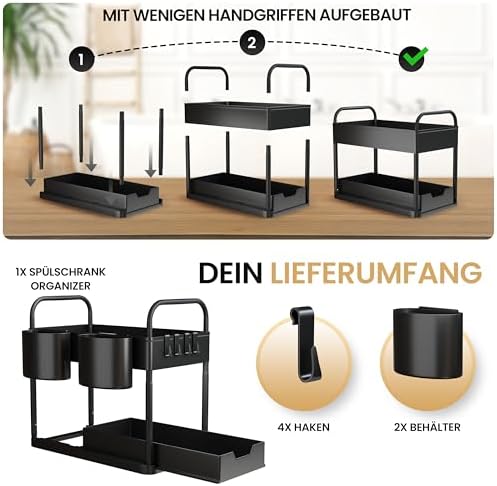 Plank voor onder de wastafel voor onderbouwkast, in hoogte verstelbaar, met 2 niveaus, in zwart | Keukenorganizer voor onderbouwkast, kruidenrek | Wastafel