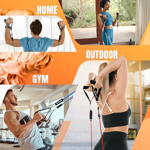 Set weerstandsbanden met 5 weerstanden – fitnessbanden met handgreep en deuranker van natuurlijk latex, weerstandsbanden voor spieropbouw en thuistraining