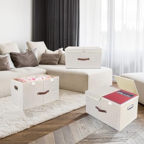 Extra grote opbergbox met deksel en vakken, stof, opvouwbaar, wasbaar, opbergbox met deksel, 55 x 33 x 30 cm, set van 3, beige