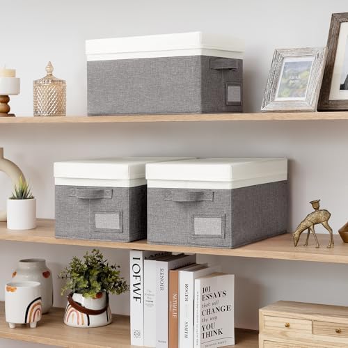 Opbergboxen met deksel, set van 3 voor kasten, grijs, opvouwbare opbergmanden, opbergboxen van stof