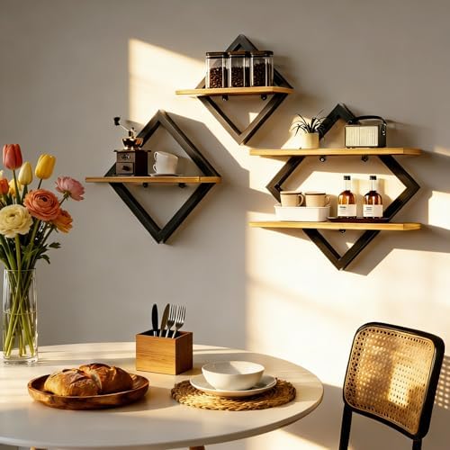 Wandplank 3-delige set, ruitvormige hangplanken, zwevende plank, modern, zwart en hout, 29 cm, 35 cm, 41 cm, voor woonkamer, slaapkamer, keuken, kantoor