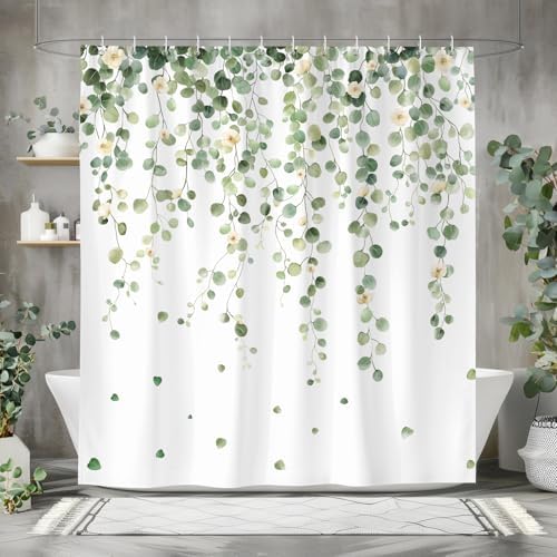 Douchegordijn, groene bladeren, 180 x 180 cm, eucalyptusblad, plant, douchegordijn, waterdicht en schimmelbestendig, wasbaar, polyesterweefsel, badkamergordijn voor badkuipen, met 12 haken