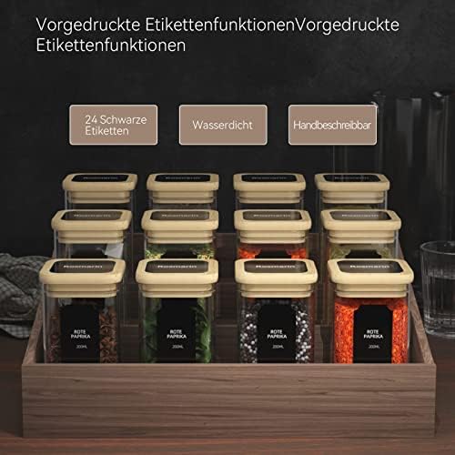 Set vierkante kruidenpotjes – 12 x 200 ml, hoogwaardige glazen kruidenpotjes, glazen potjes met bamboedeksel, luchtdichte voorraadpotjes, glazenset met etiketten en