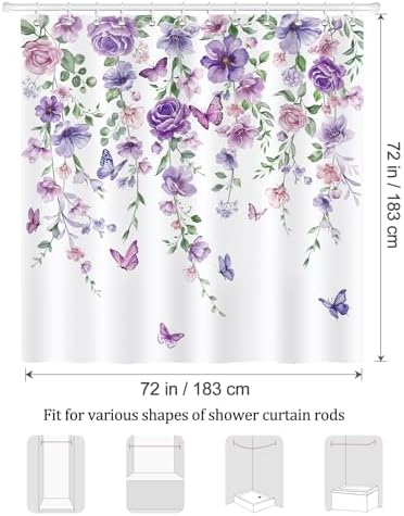 Douchegordijn Paarse bloemen Vlinders Aquarel Bloemen Bladeren Douchegordijnen 180 x 180 cm Schimmelbestendig Waterdicht Polyesterweefsel Wasbaar Badkamer