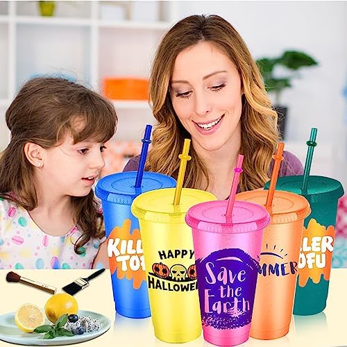 Set van 5 drinkbekers met rietje en deksel – 24 oz plastic bekers, smoothie- en koffiebekers voor onderweg, reisbekers voor kinderen en volwassenen, herbruikbare plastic bekers
