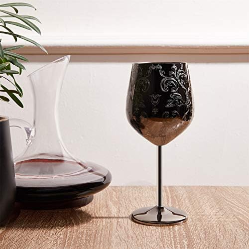 Roestvrijstalen wijnglazen, set van 2 zwarte wijnglazen, met gedetailleerde en barokke gravures, wijnglas in koninklijke stijl, 17 ounce, met de hand afwassen
