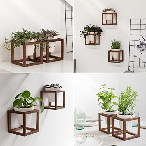 Lille wandvazen, hangende bloempotten in een frame van echt hout, 3-delige plantenpotenset van keramiek en hout voor aan de muur, op tafel en meer, walnootbruin