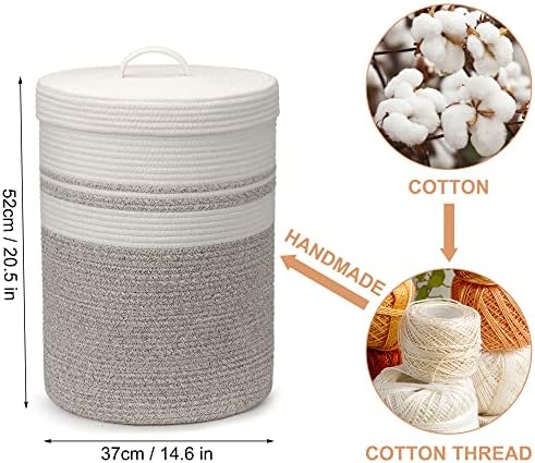 Opvouwbare wasmand met deksel, wasmand, gevlochten manden, groot en XXL, wit, bruin, katoenen mand, grote opbergmand (37 x 52 cm)