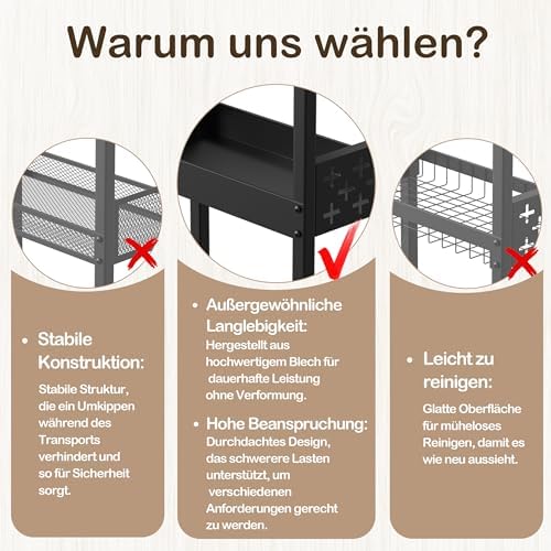 Metalen trolley met 4 niveaus, nischerek op wielen, smalle keukentrolley met werkblad, nischtrolley voor kleine ruimtes, keuken, woonkamer, werkkamer, badkamer (wit)