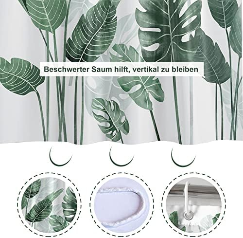 Douchegordijn, 180 x 180 cm, schimmelbestendig, met groene bladeren, planten, waterafstotend, douchegordijn van polyester, wasbaar, met 12 douchegordijnringen
