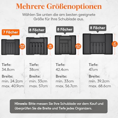 Bestekbak voor lades 40–50, verstelbare kunststof organizer voor de keuken, diepte 35 cm, bestekbak met 5–7 vakken, uitbreidbaar tot 41 cm, voor lepels