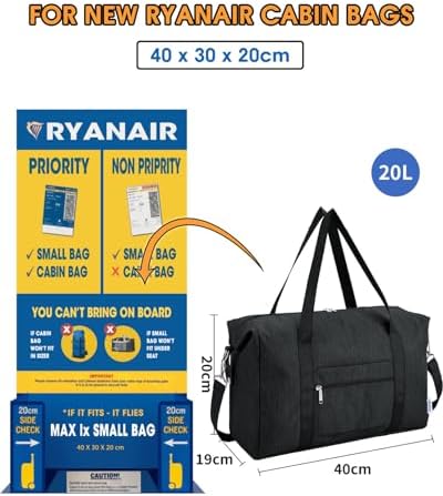 20 l Ryanair-handbagage 40 x 30 x 20 cm voor in het vliegtuig, kleine opvouwbare reistas voor dames & ziekenhuistas, sporttas, weekendtas voor dames en heren (zwart)