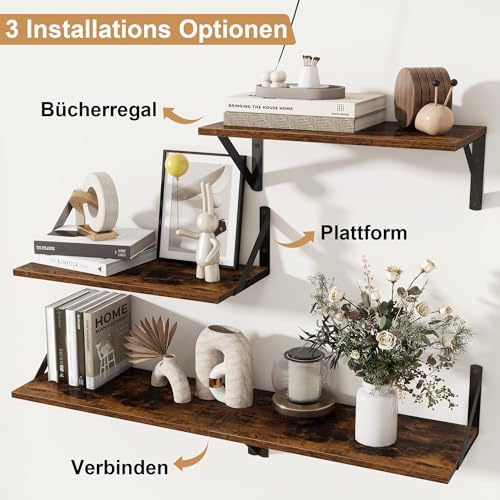 Wandplank 2-delige set, zwevende plank 40 x 20 x 12,3 cm, vintage bruine plank, boekenplank met metalen beugel, wandplank voor woonkamer, badkamer