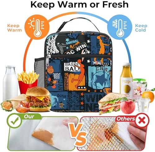 Zwarte geïsoleerde lunchtas voor kinderen in streetbasketbal-design, kleine koeltas voor jongens met flessenhouder, waterdichte lunchtas voor picknick en school
