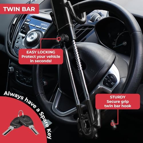 Stuurklem voor auto's – Stuurklem met dubbele stang voor personenauto's, bestelwagens, caravans – met 2 sleutels – Diefstalbeveiliging (zwart)