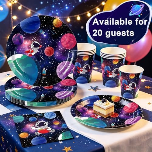 Astronauten-themafeestservies, ruimtevaarders, verjaardagsfeest, servies, papieren borden, bekers, servetten, feestartikelen, tafeldecoratie, voor 24 personen