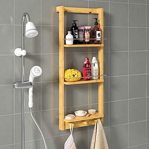 Doucherek om op te hangen, 3 planken, 3 haken, 70 x 29 x 10 cm, doucherek, hangend badkamerrek, bamboe hangrek voor douche, badkamer, keuken
